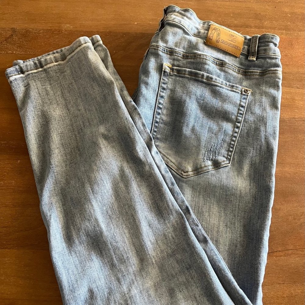 Mens ZLZ Denim Medium Wash 36 X 32‎ Distressed Straight Fit Blue Jeans